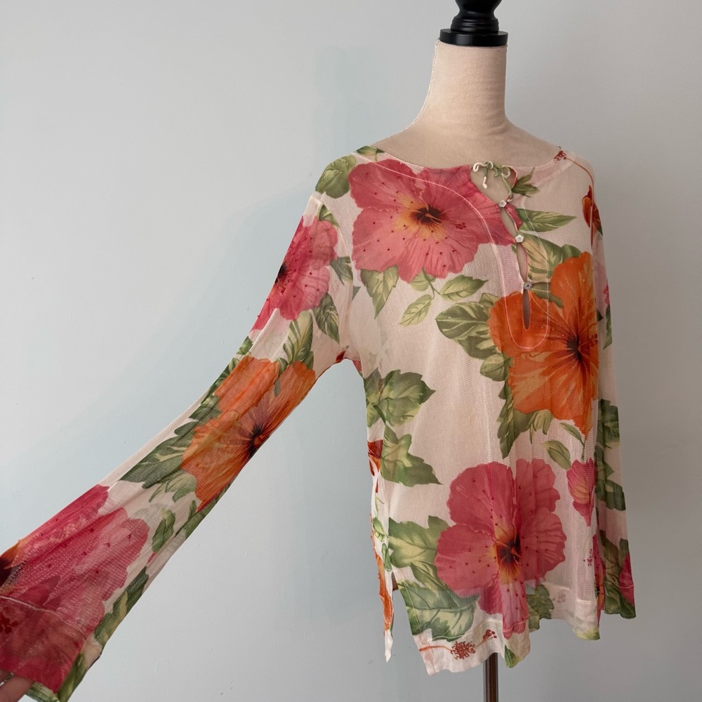 Tommy Bahama | Sheer Floral Mesh Top Cover up Beaded Hibiscus Long Sleeve Sz M - Picture 4 of 11